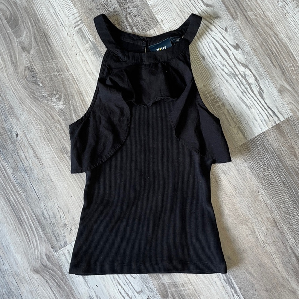 Maeve by Anthropologie black ribbed cropped tank. Flutters at arms. Size xxs